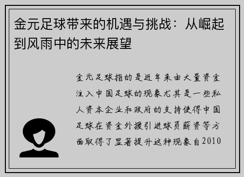 金元足球带来的机遇与挑战：从崛起到风雨中的未来展望